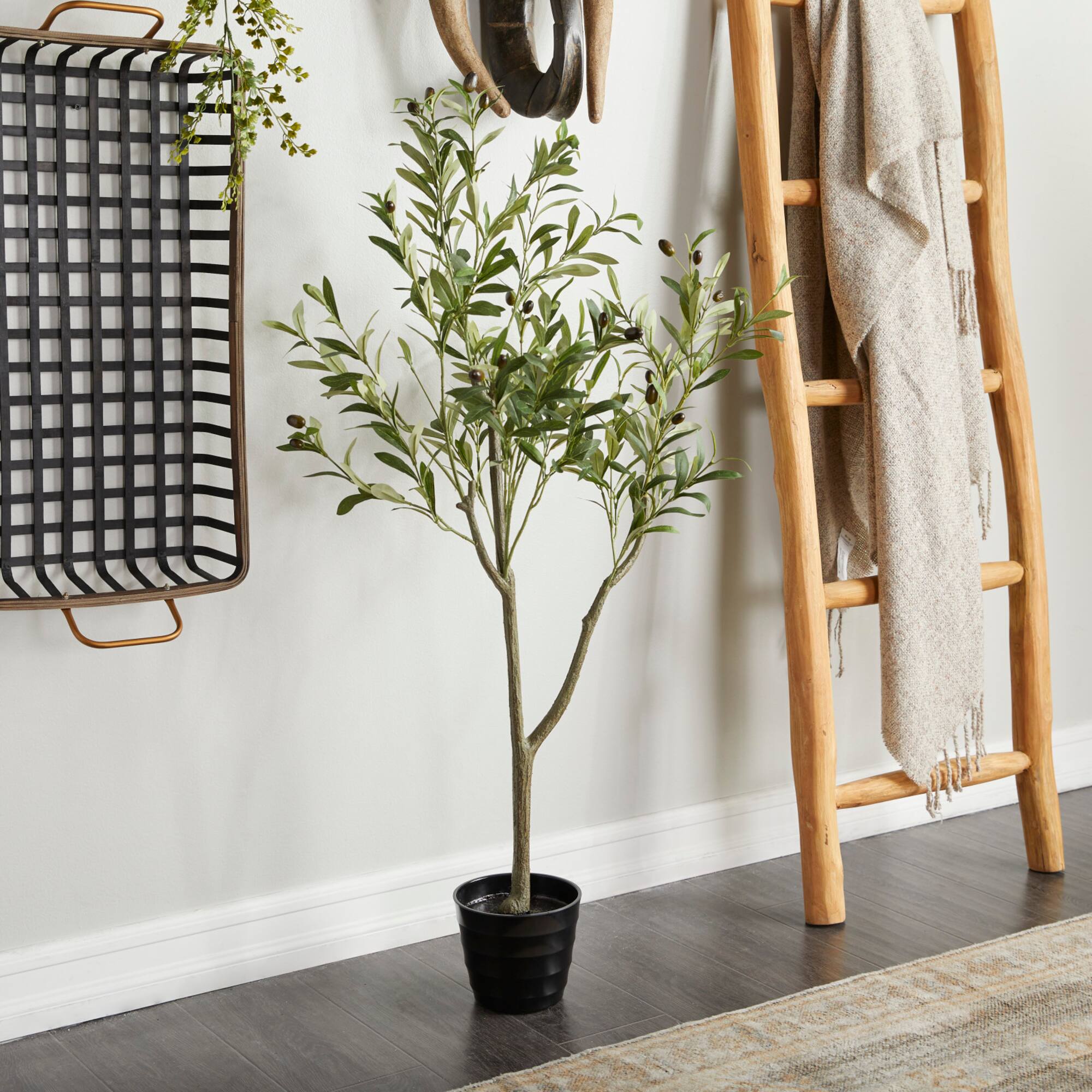 4ft. Green Olive Faux Foliage Artificial Tree with Black Melamine Pot